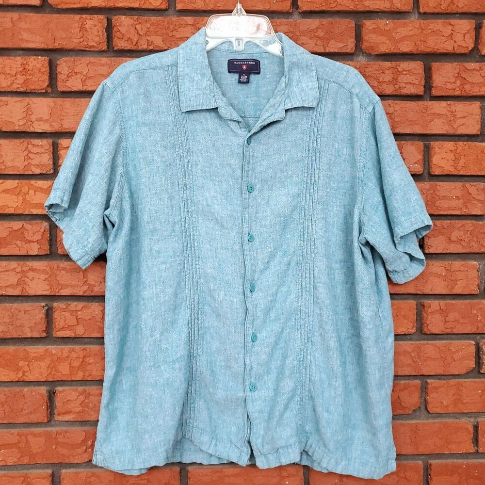 Linen Blend Camp Shirt Mens XL Blue Short Sleeve Pintuck Beach Vacation Cabana